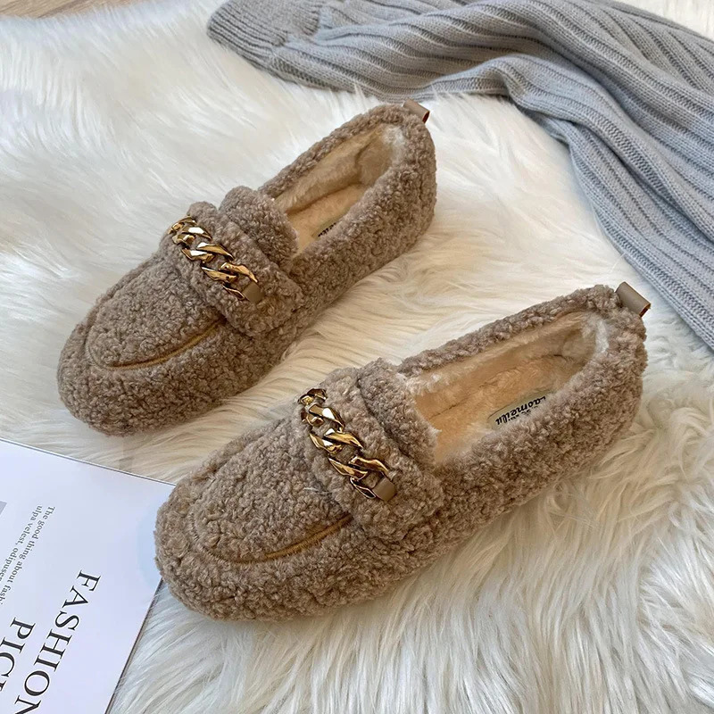 Chaînes métalliques mocassins en laine d'agneau de haute qualité épaissir peluche hiver fourrure chaussures plates femme dames fourrure coton moc