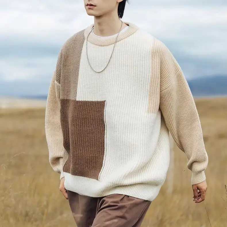 Couleur unie épissage rayé pull en tricot col rond pull hommes femmes automne hiver chaud doux hauts W251205