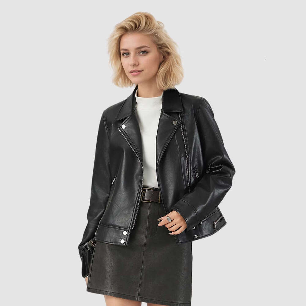 Autumn New Women's Short Turn-Down Collar Coat Motorcycle Leather Jacket B1