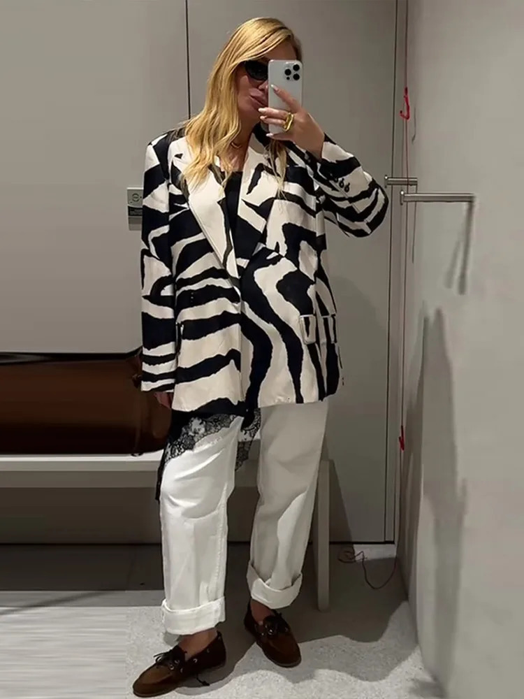 Élégant imprimé animal femmes blazer veste lâche bouton rabattu poches manteau femme automne printemps dame tenues de trajet 251202
