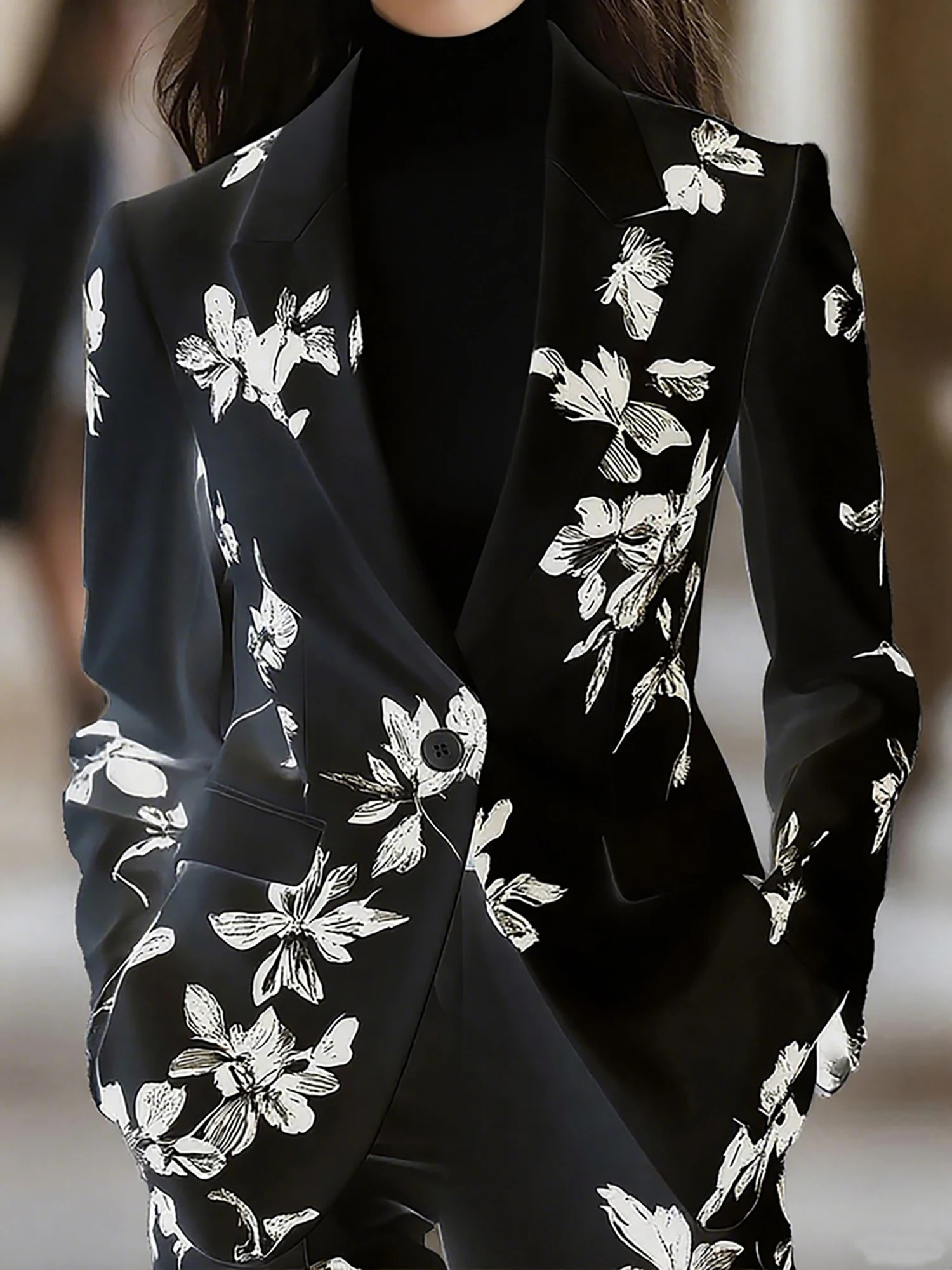 Elegant Floral Print Long Sleeve Blazer for Women - Chic V-Neck Jacket with Pockets Stylish Outerwear 251202CJ