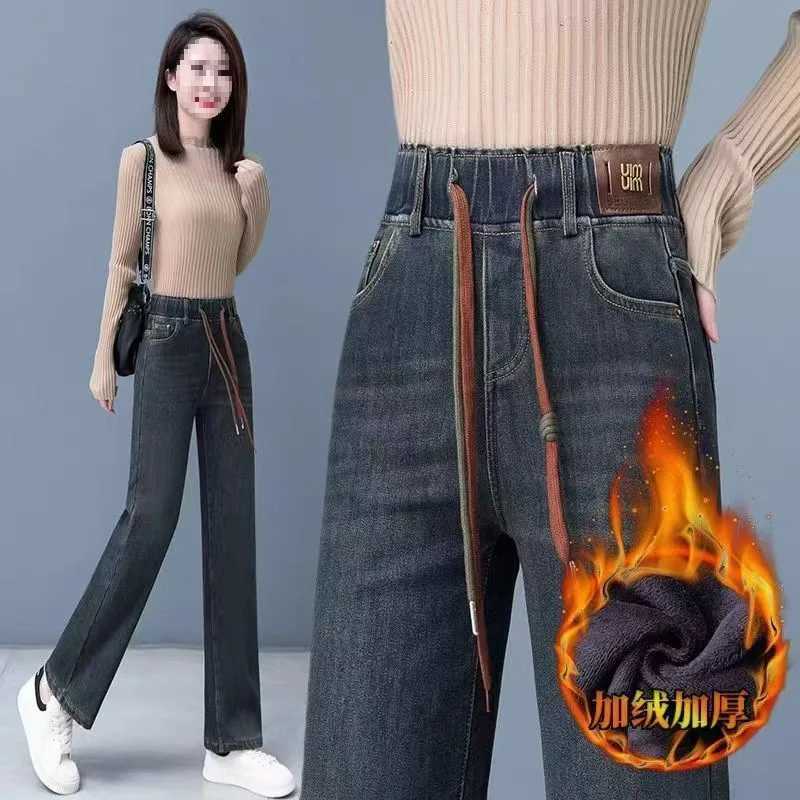 Jean droit à jambes larges, coupe ample, avec taille élastique et velours Plus, pour l'automne et l'hiver, nouvelle collection 2025, T251205