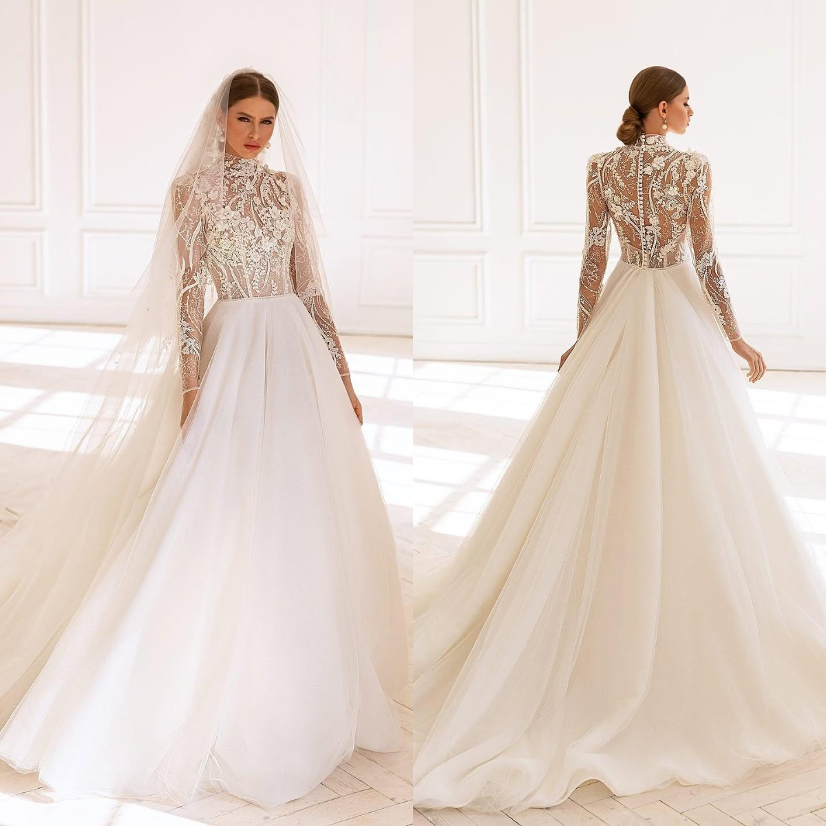 Elegant A Line Wedding Dress High Collar Long Sleeves Bridal Gowns Appliques Sequins Sweep Train Dress Custom Made vestidos de novia