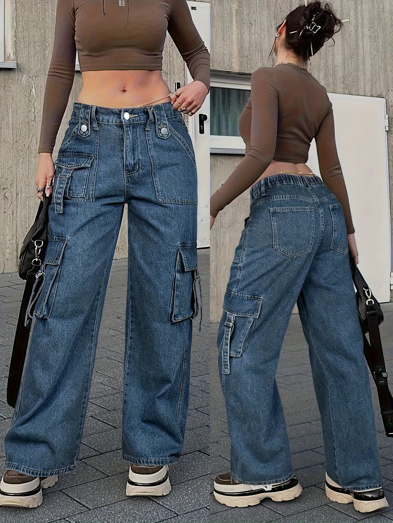 Jeans cargo alla moda da donna Casual Street Style Zip multitasche con tasche con patta Nastro elastico in vita Pantaloni in denim 251201