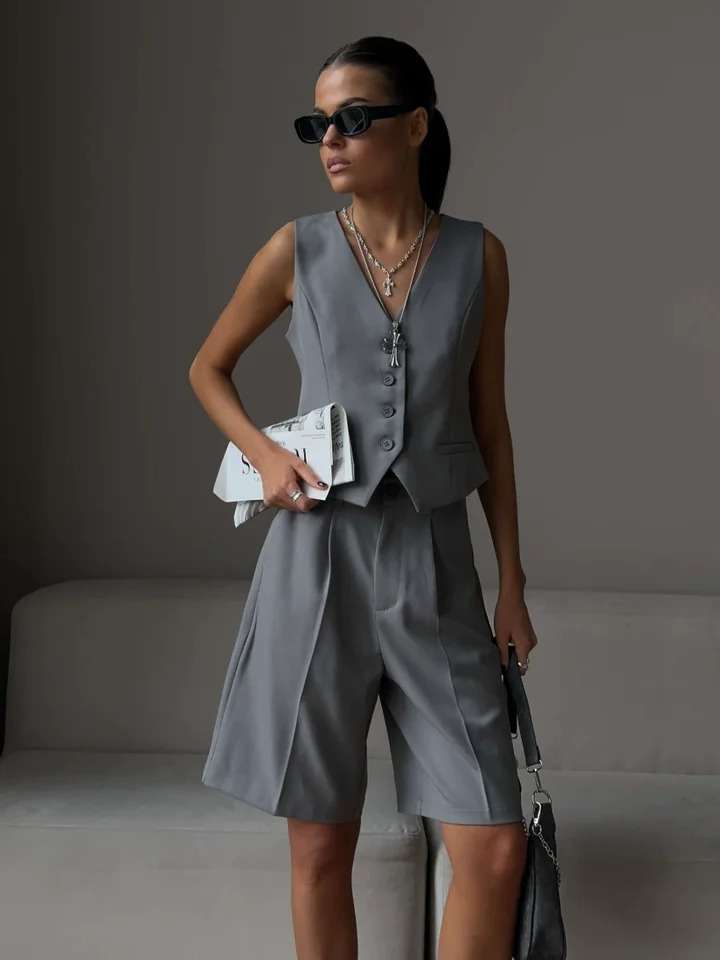 Ensemble de costume esthétique Old Money pour femmes, gilet et short décontractés, col en V, simple boutonnage, gilet avec short, tenues d'été po