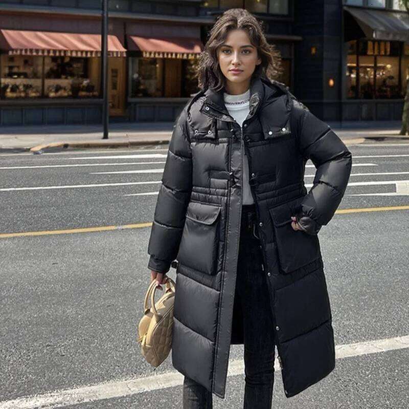 2025 Winter Cotton Female Pure Color Hooded Long Parkas Coats Thicken Warm Jacket Women's Clothing