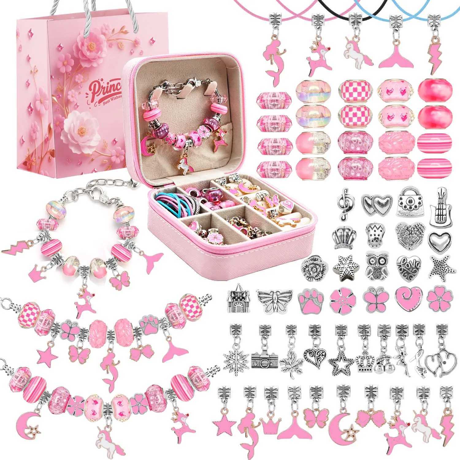 68pcs ensemble de bijoux en perles roses bracelet à breloques faisant un ensemble avec une boîte à bijoux rose pour l'anniversaire de Noël bijoux