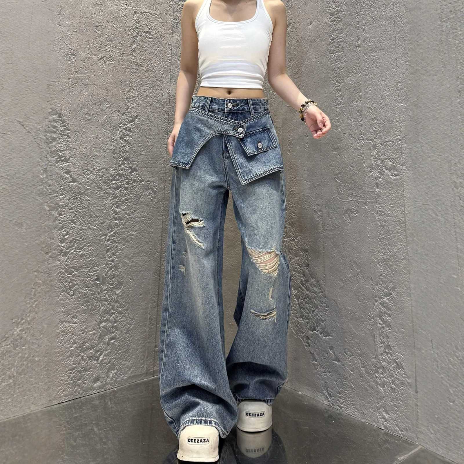 Streetwear Harajuku Jeans pour femmes Pantalones Vaqueros Mujer Chic faux deux pantalons en jean décontracté droit Y2k pantalon large T251205