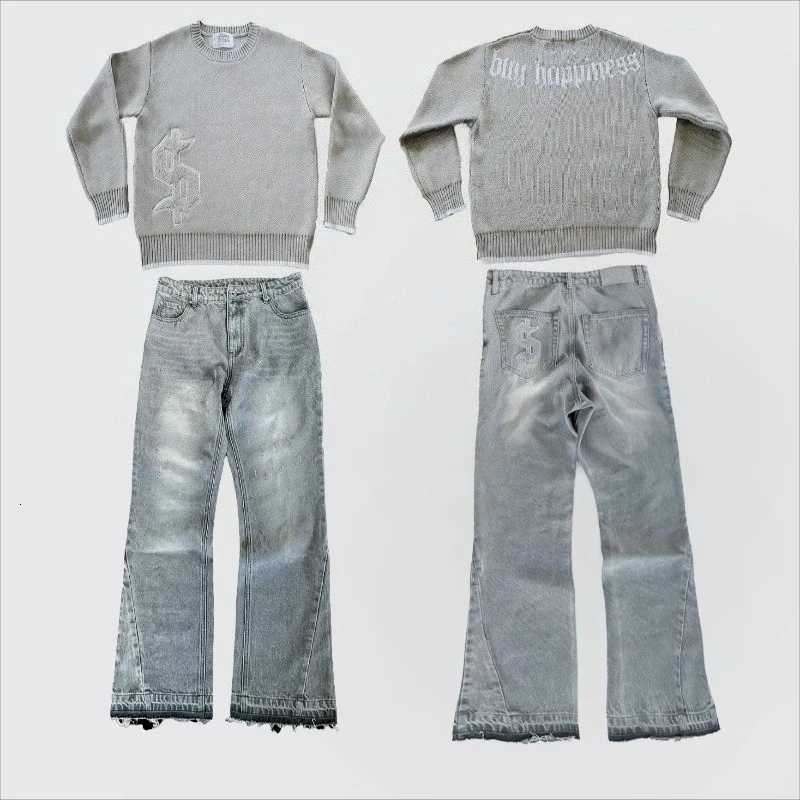 2 pcs Set Y2K Autumn Winter Retro Knitted Sweater Jeans Suit Trendy Hip Hop Dollar Embroidery Streetwear Unisex Baggy Set X251205