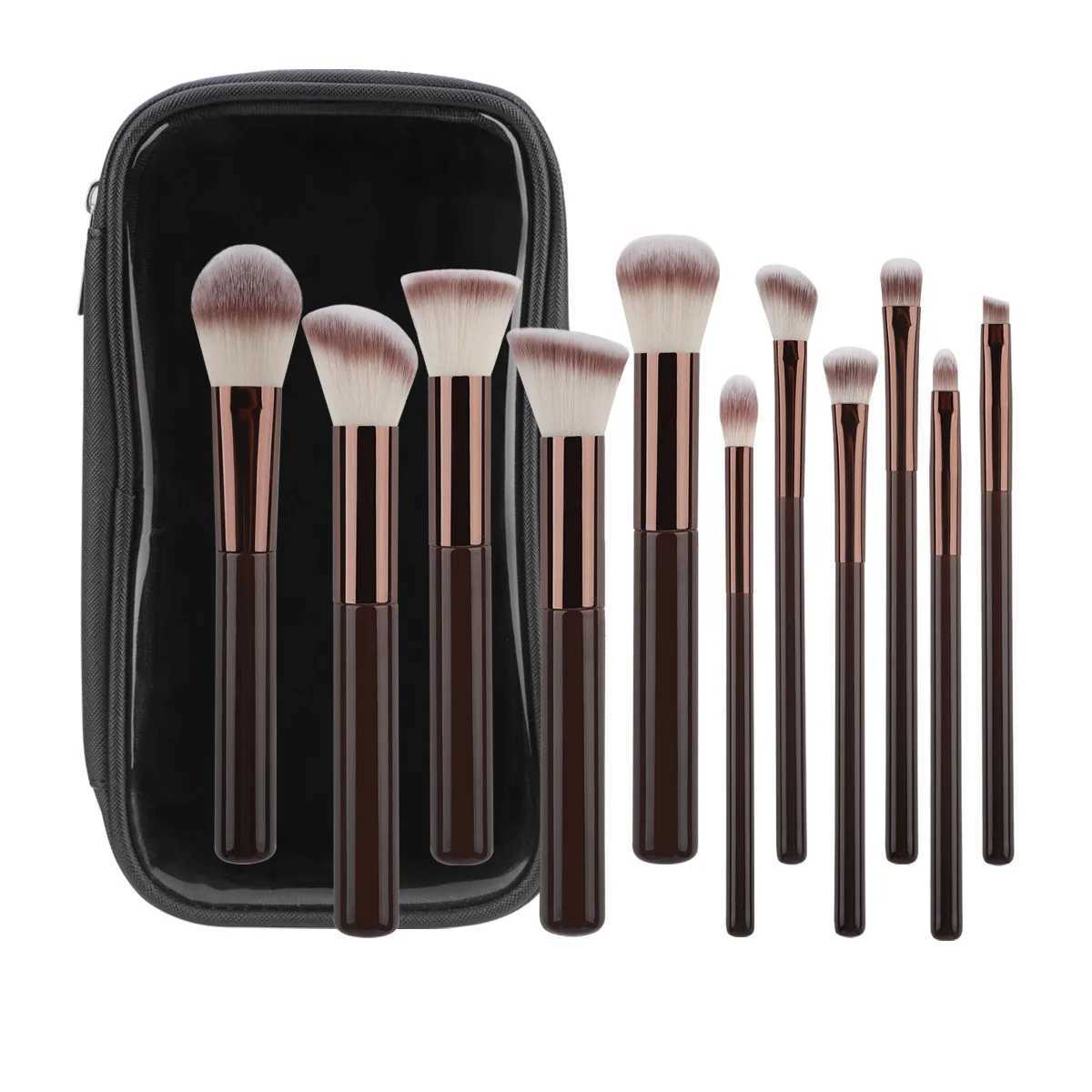 11pcs solid wood handle makeup brush set with Bag three color loose powder brush foundation brush eye shadow brushT251205-image-1087324082