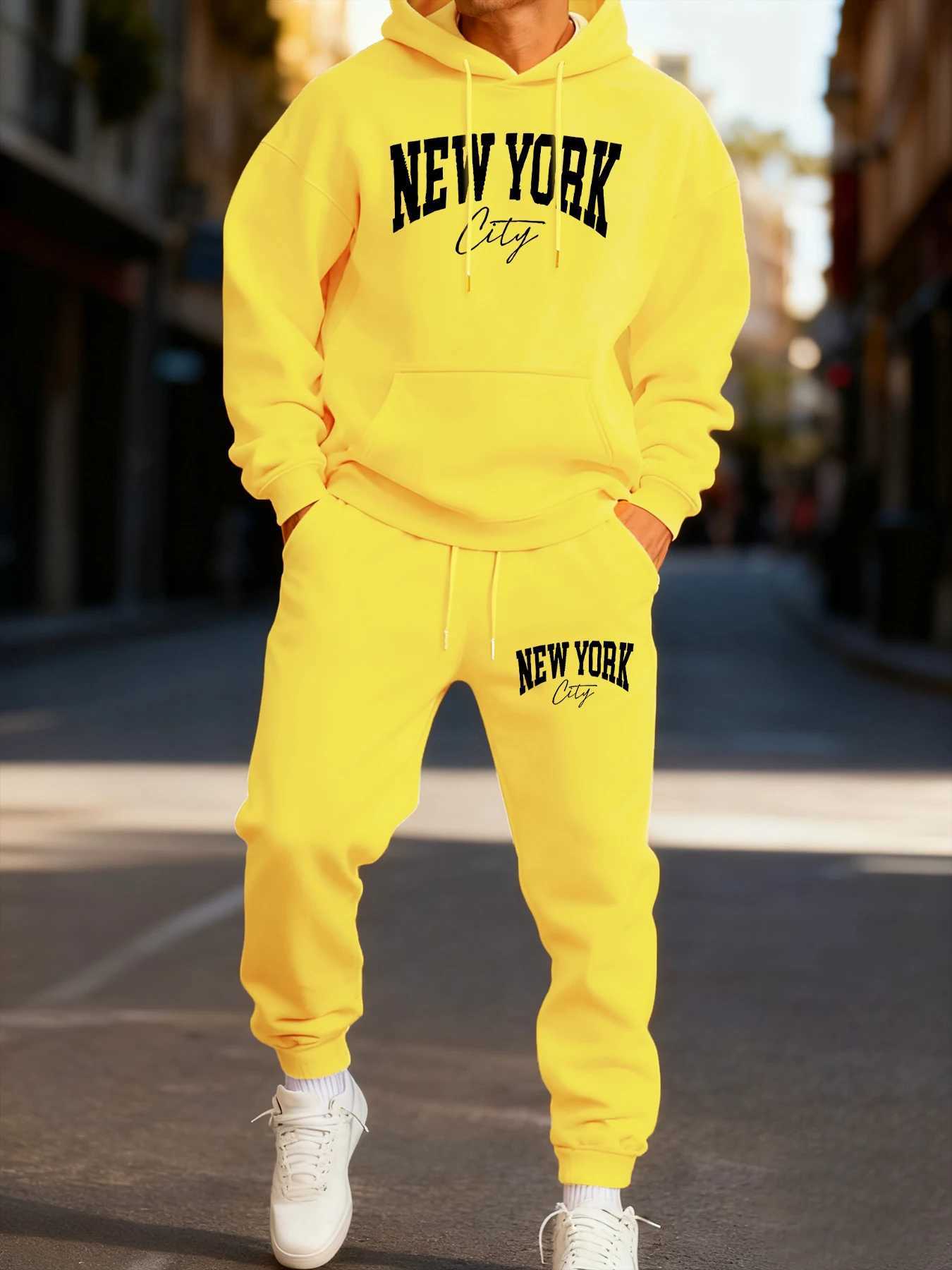 Lettre de la ville de New York Impression accrocheuse ManS Sweat à capuche Ensemble d'hiver Sportif Deux Pices Ensembles Pantalons de rue décontr