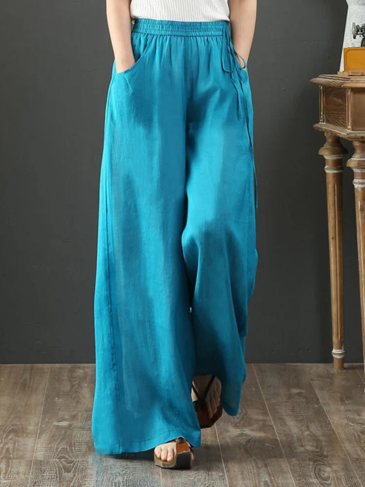 Pantalon à jambes larges en lin pour femmes, en coton fin, grande taille, décontracté, ample, droit, drapé, taille haute, été, 251204