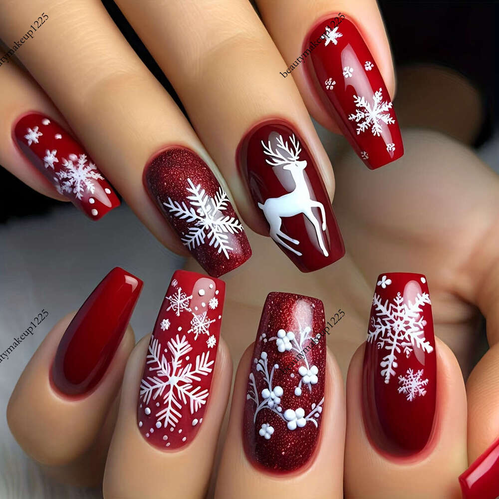24 Pièces Faux Ongles Détachables Cerf Rouge Brillant Moyen Long Flocon de Neige Blanc Pratique pour les Festivals Rassemblements Quotidiens Noël