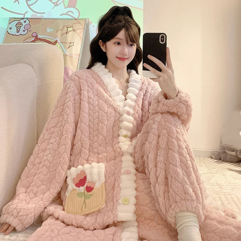 Robe en polaire corail pour femmes, col en V, manches longues, ensemble pyjama, vêtements de nuit chauds d'hiver, chemise de nuit confortable, vê