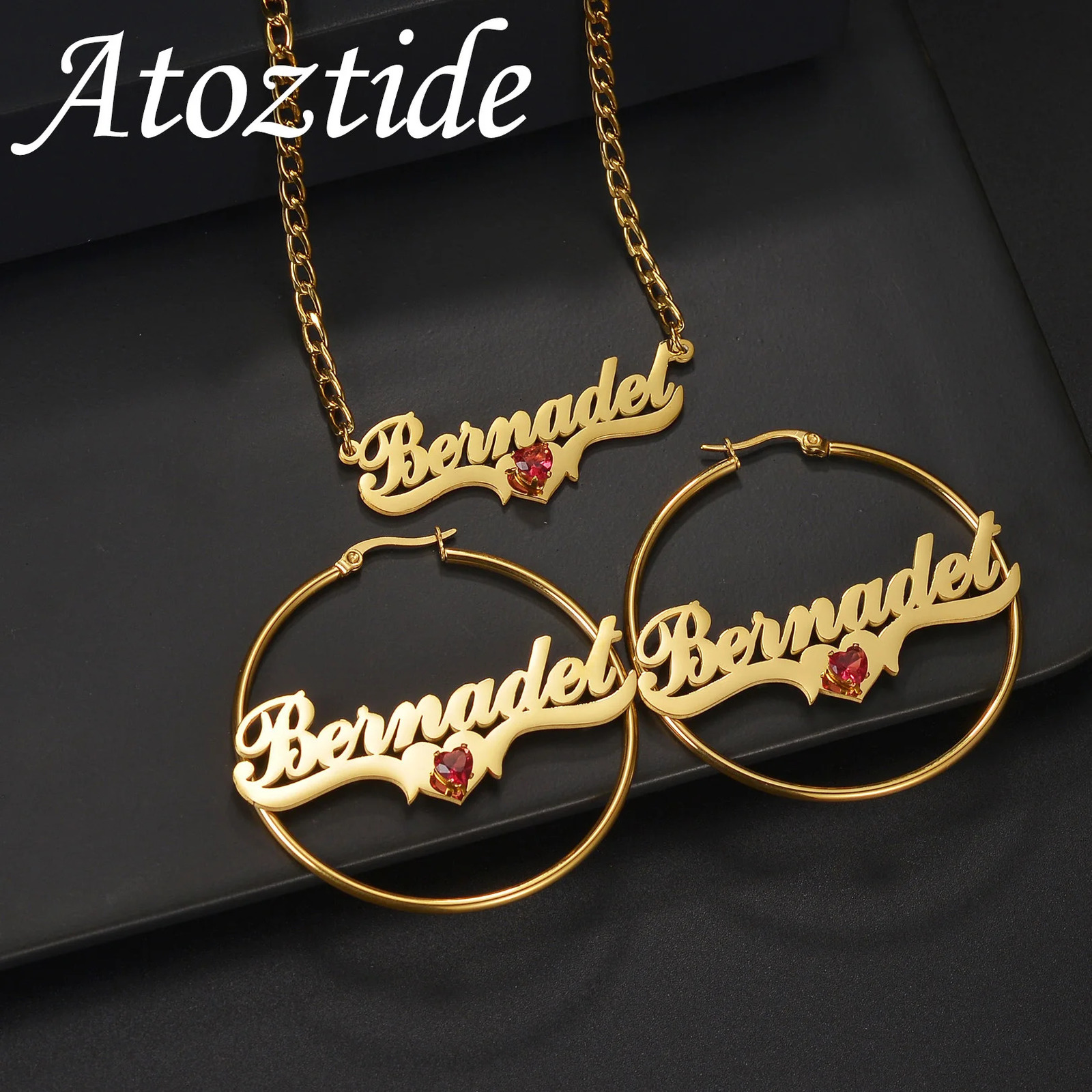 Atoz Custom Name Necklace Earring Jewelry Set For Women Personalized Stone Heart Stainless Steel Cuban Chain Birthday Gift 251202