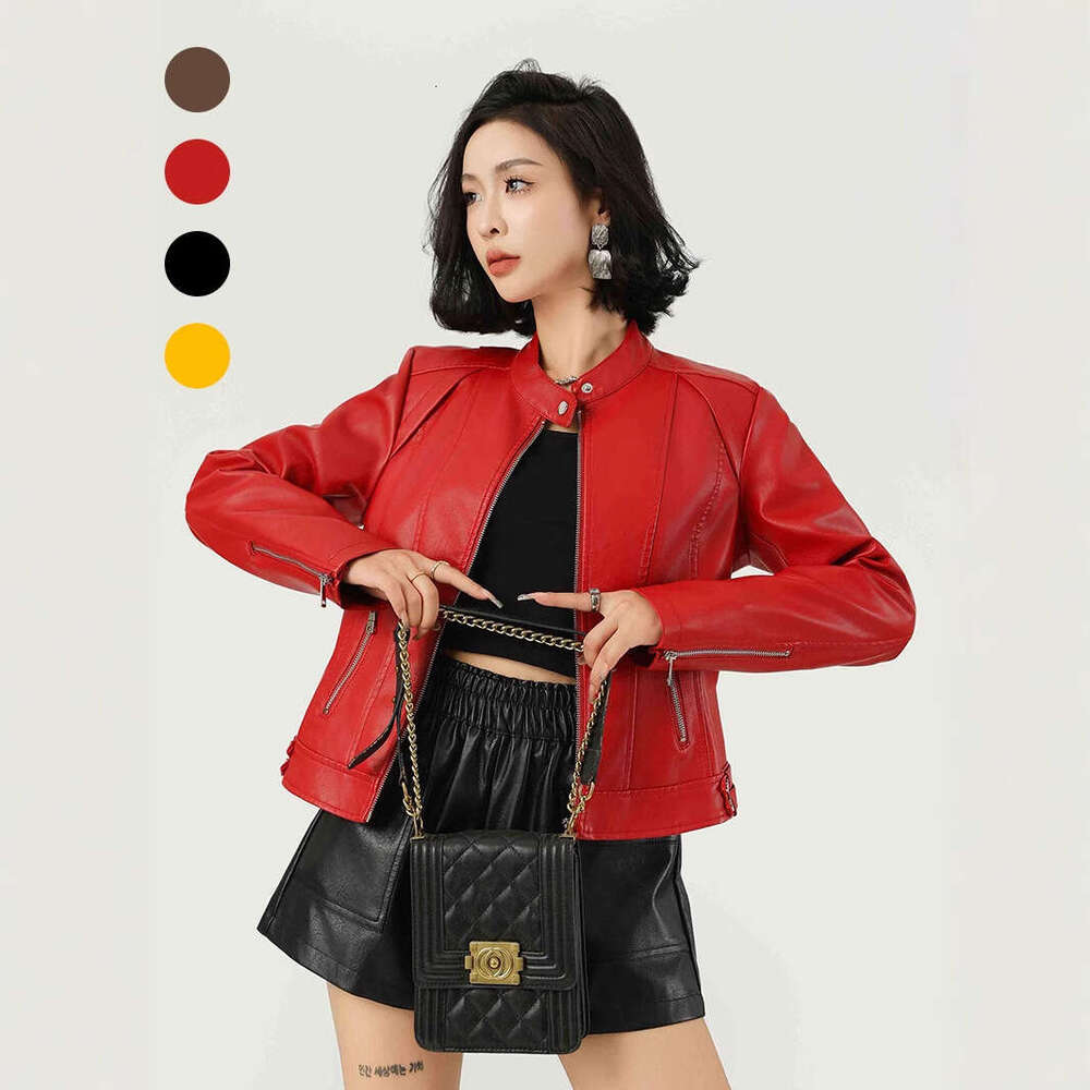 Manteau court en PU pour femmes, nouvelle mode printemps-automne, veste en cuir rouge fin à col montant, transfrontalier européen et américain B1