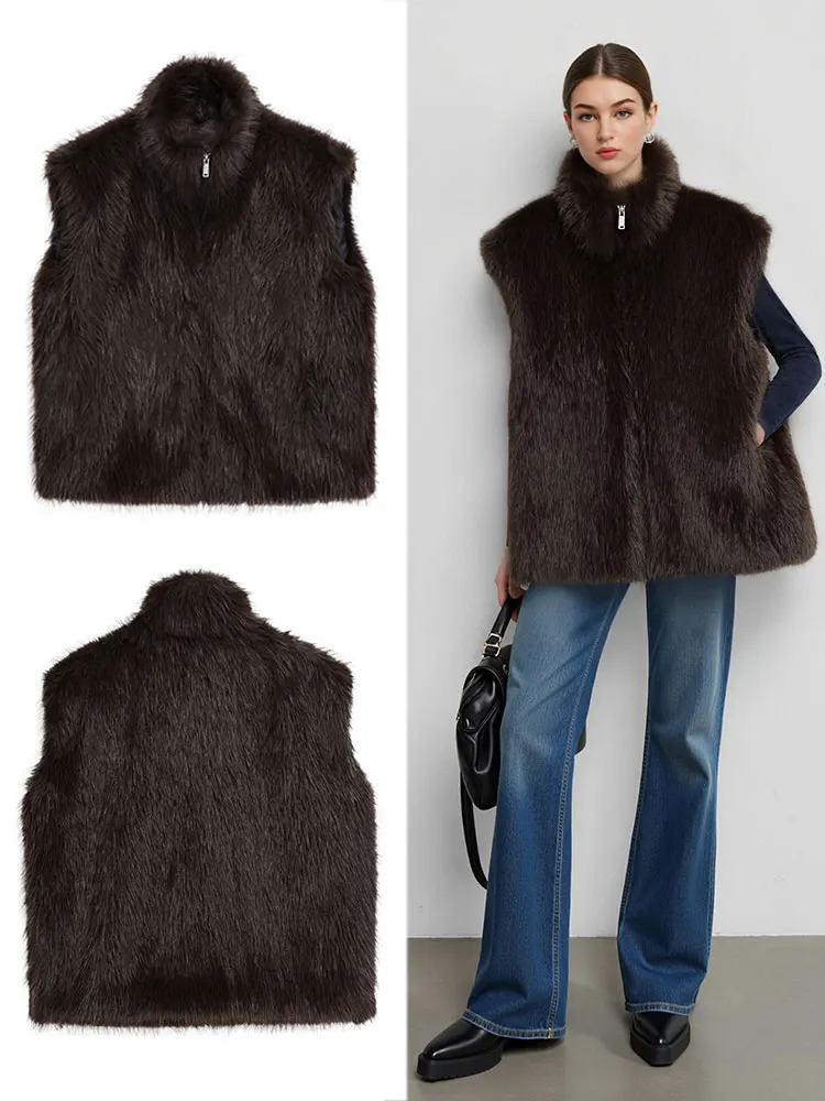 HH femmes élégant mode marron foncé fausse fourrure gilet col roulé sans manches fermeture éclair gilet automne décontracté bureau dame vêtements