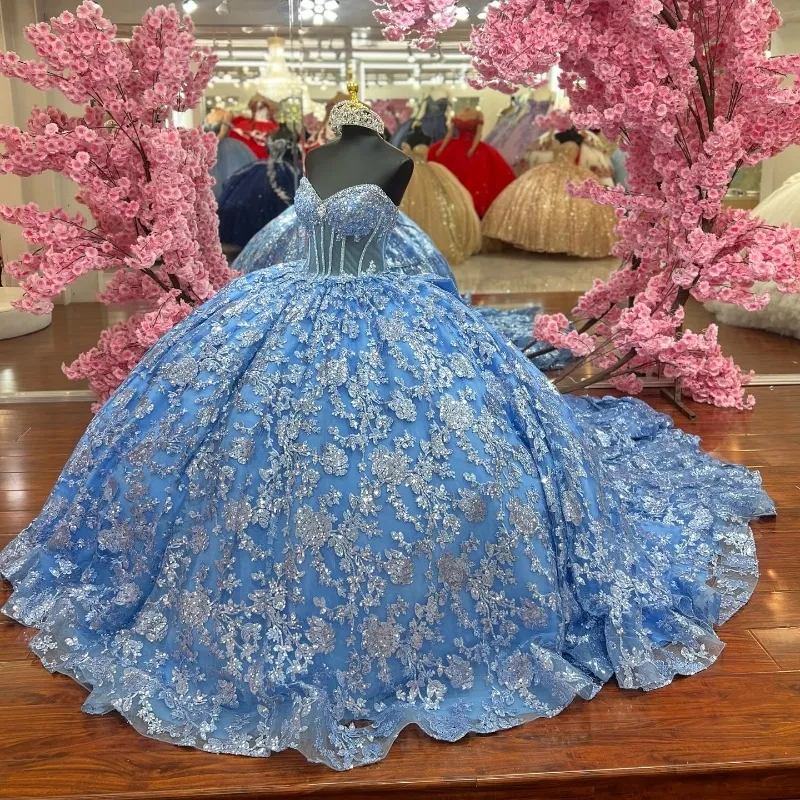 Sky Blue Ball Gown Quinceanera Dresses Sequin Applique Lace Beaded Tull Off Shoulder Sweet 16 Dress Lace-up Vestidos De 15 Anos