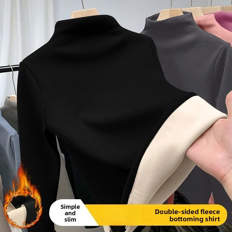 Autumn Winter Women Thermal Underwear Half High Collar Bottom Shirt Solid Long Sleeve T-Shirt Thicken Basic Heating Pullovers251129