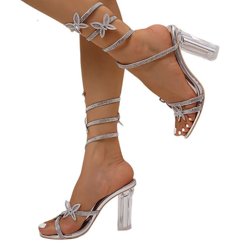 Talon haut avec bride de cheville imprimé serpent pour femme - Talon bloc transparent, Embellissements, Bout rond, Semelle intérieure, Semelle en