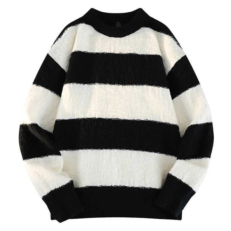 2024 Mens New Black and White Striped Sweater Mens Autumn and Winter Loose Pullover Casual Top Mens Homestay Casual Warmth W251205