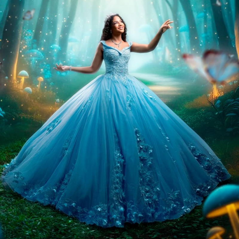 Blue Quinceanera Dresses Off The Shoulder Applique Lace Tull Corset Party Birthday Sweet 16 Dress Vestidos 15 De Anos