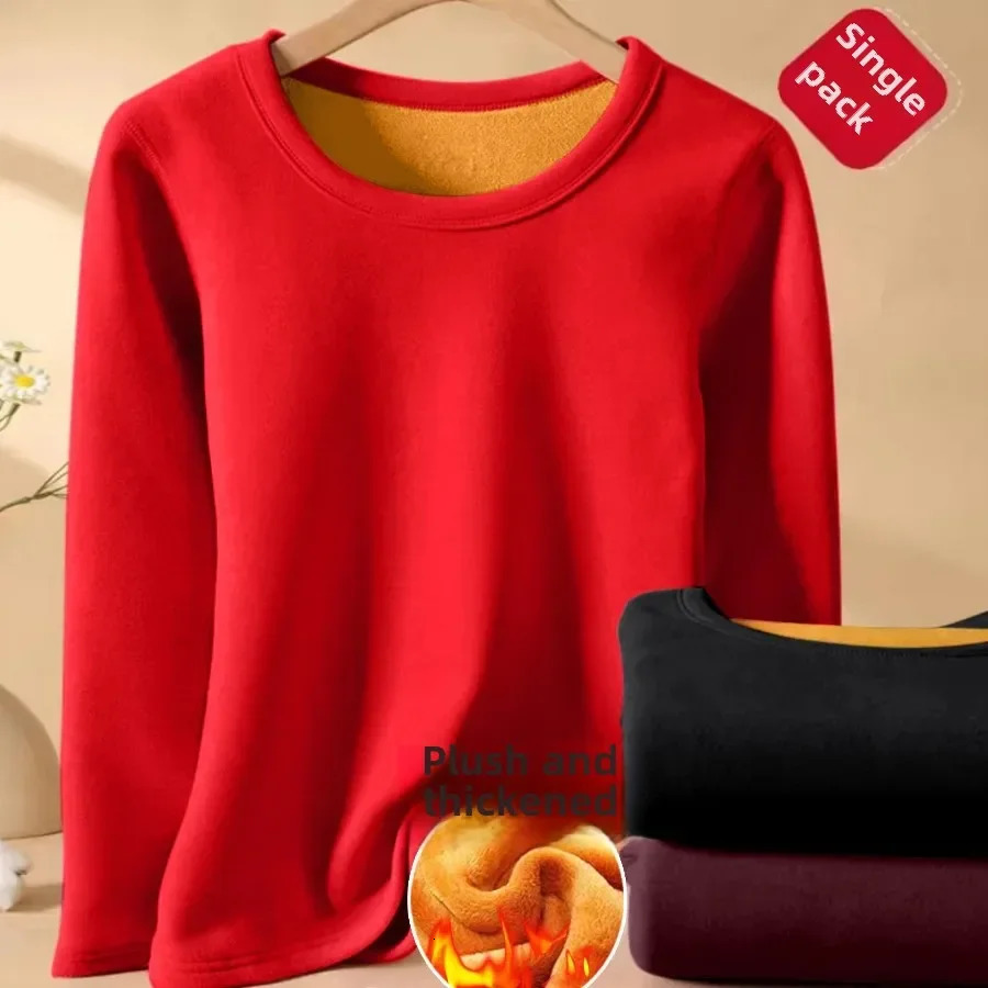 Sous-vêtement thermique femme automne/hiver col rond doublé polaire T-Shirt couche de Base haut épaissi intérieur solide chaud Bra251129