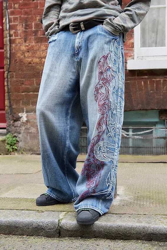 2025 American New Vintage Pop Pattern Brodé Loose Jeans Femmes Y2K Mode Gothique Droite Casual Taille Haute Pantalon LargeT251205