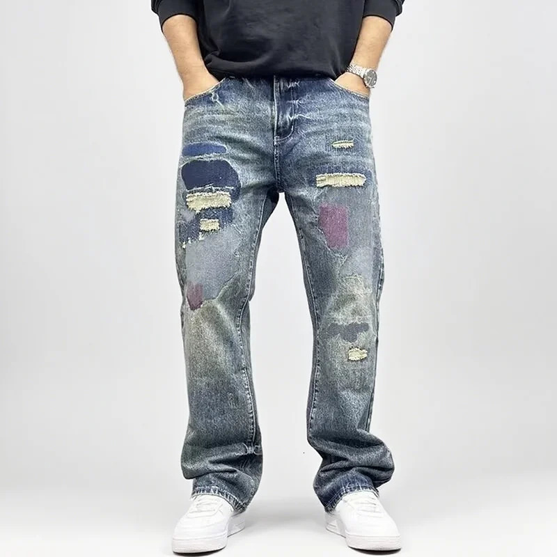 Korean Retro Ripped Jeans Embroidered Slim Fit MenS Straight Leg Pants Graffiti Jeans Fashion Casual Pants 251201