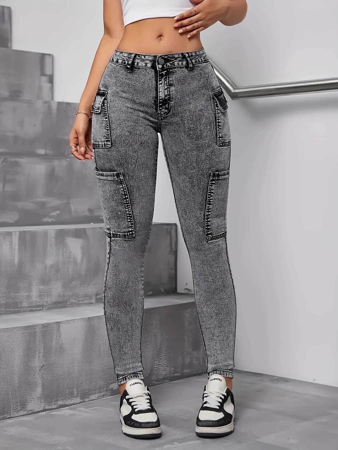 Womens black and gray side pockets fashionable simple elastic slim casual nine-point small foot jeansT251205