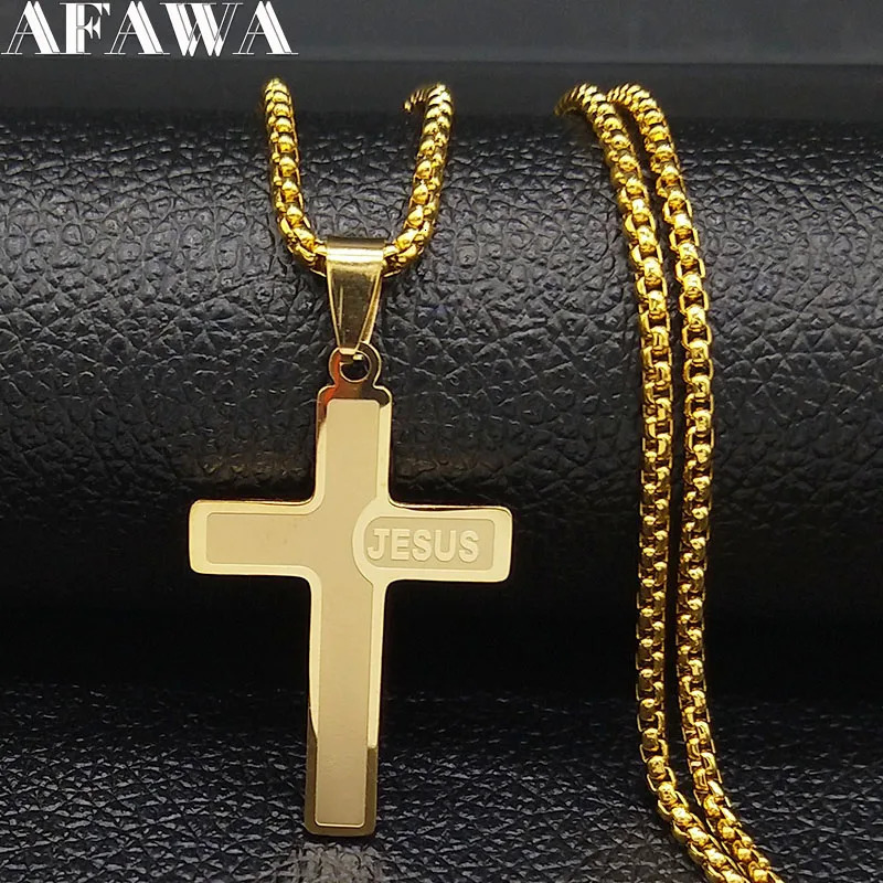 Stainless Steel Long JESUS CROSS Necklaces for Men Jewelry Gold Color Chain corrente masculina N1174S02 251203