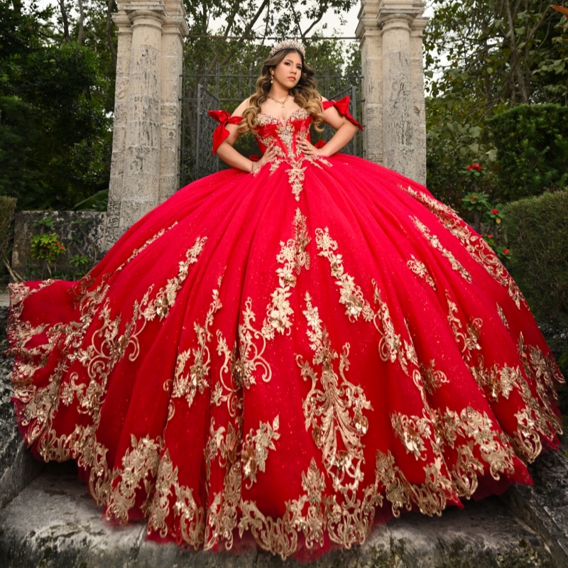 Red Shiny Quinceanera Dresses Off The Shoulder Gold Applique Lace Beading Crystal Bow Tull Corset Party Birthday Sweet 16 Dress Vestidos 15 De Anos