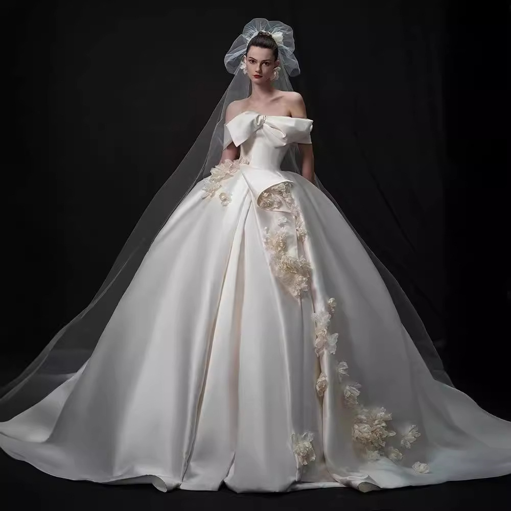 DMCD0211 Robes de mariée en Satin français, robe de mariée asymétrique épaule dénudée, nouvelle mariée, industrie lourde, luxe, grande queue, pri