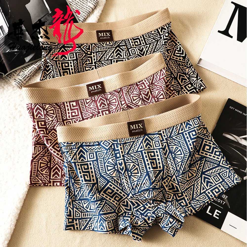 3PCS / Pack Doux 100 Coton Vintage Imprimer Hommes Sous-Vêtements Respirant Confort Mesh Entrejambe Boxer Hommes Haute Taille Élastique Culotte X