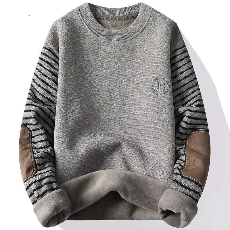 Mens Sweater Patckwork Round Neck Pullovers Fleece Lined Thick Warm Winter Knitwear Fashion Jumpers Mens Clothes W251205