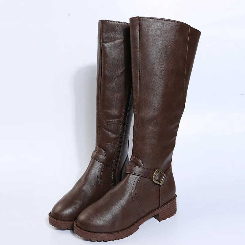 Vintage Brown Women Knee High Boots Big Size Low Heels Platform Long Boots Autumn Winter Pu Leather Zip Women Warm Booties 251204