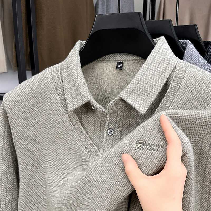 Brand Luxury Mens Plush Fake Two Piece Long Sleeve Knitted Sweater Winter New Solid Color Print Warm Fashion Business Menswear W251205