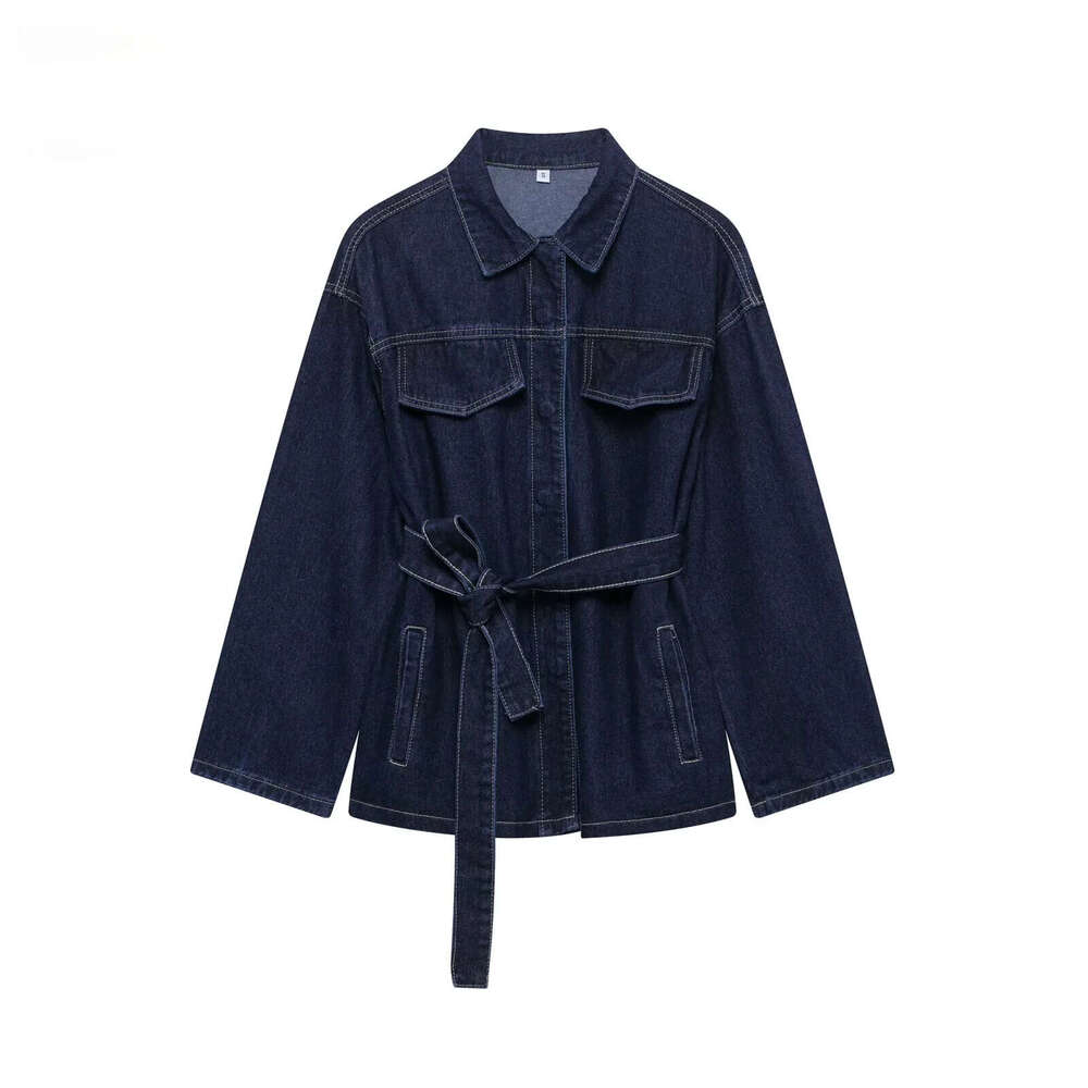 EDSA femmes Vintage Denim veste manteau avec ceintures poches à rabat manches longues col rabattu pour femme haute rue vêtements d'extérieur de l