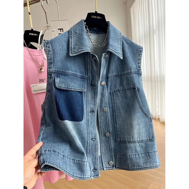 Femmes Denim gilet veste 2025 printemps automne rétro revers col dames sans manches n Sense loisirs femme Cowboy cheval pince 251129