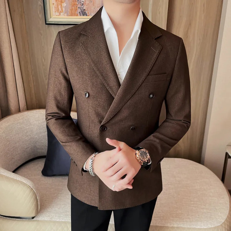 British Style Double Breasted Suit Jackets Mens Solid Color Business Casual Blazer Male Trend Slim Social Party Dress Coats 251204
