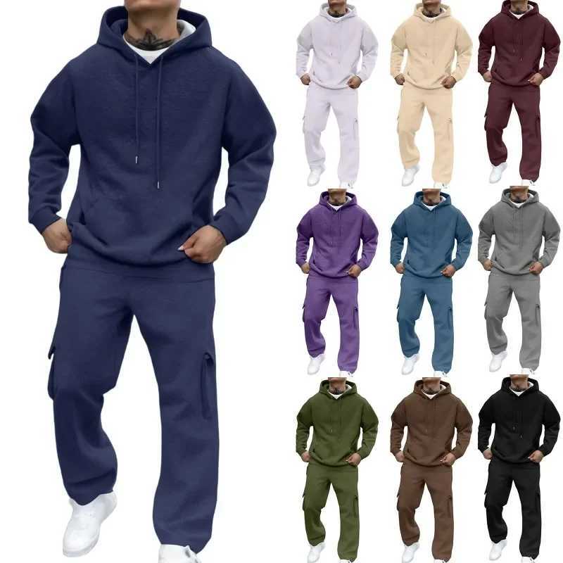 Hoodie Cargo Jogger Pants 2pcs Mens Streetwear Tracksuit Set Long Sleeve Outfit Loose Fit Sportswear Workout Training Clothing X251205