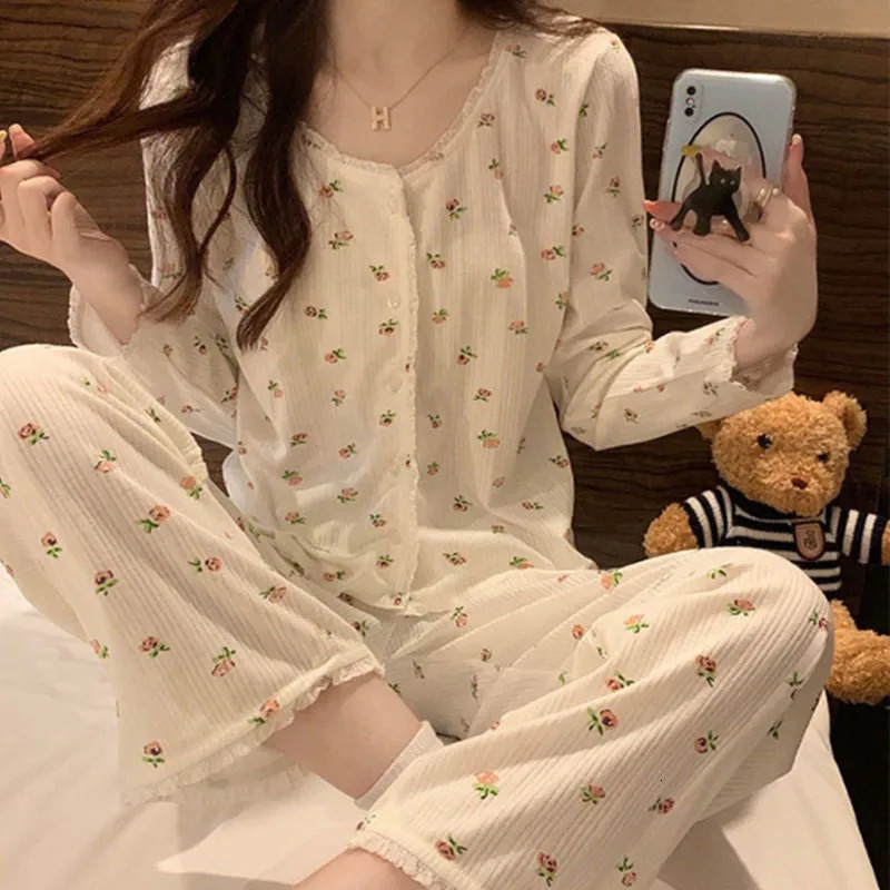 Floral Long Sleeve Fitting Sleepwear Twopiece Set Spring Autumn Lace Trim Cotton Pajama Women Cute Casual Outable Home Suit 251129