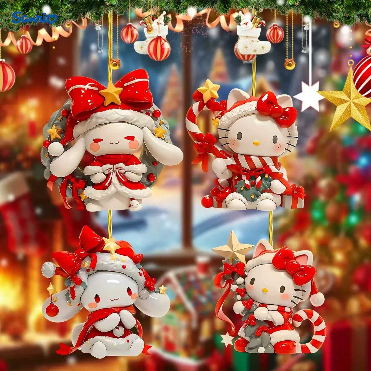 Sanrio Hello Kitty Cinnamoroll Christmas Pendant New Kawaii 2D Flat Car Ornaments Kids Xmas Tree Hangings Home Decor Children Toys Gift H251205-image-1087316711