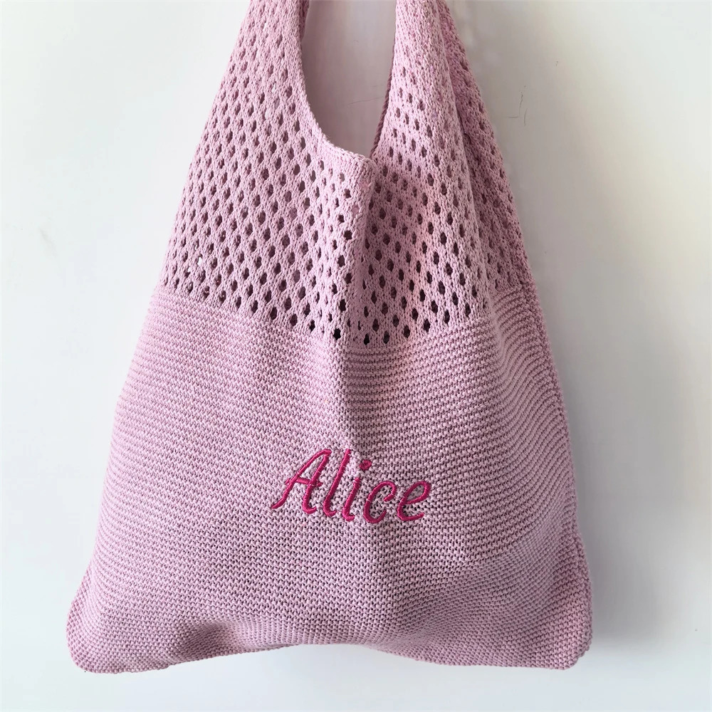 Solid Color Knitted Wool Tote Bag Personalized Name Womens Shopping Bag Retro Hollowed Handbag Custom Embroidered Soft Handbags 251204