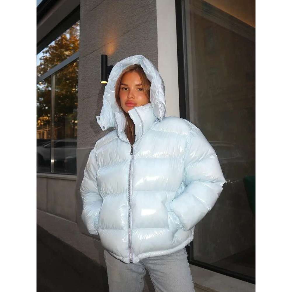 Fashion Shiny Solid Hooded Quilted Jacket Women Stand Collar Long Sleeve Zipper Warm Coat 2025 Autumn Winter Lady Street Outwear