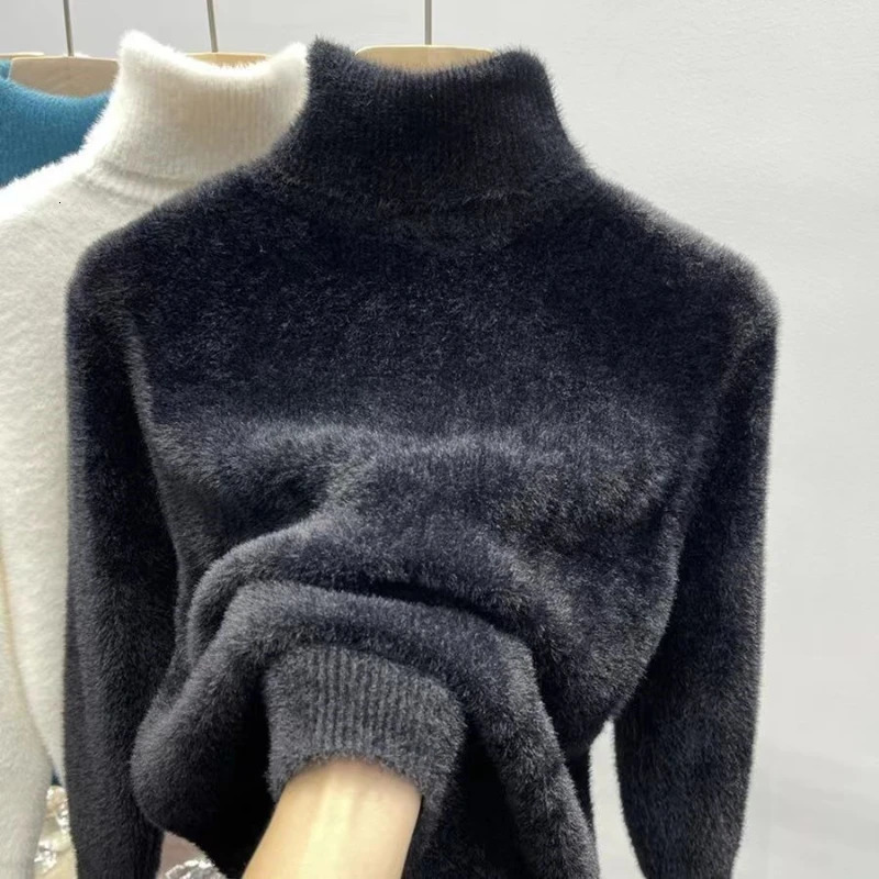 Womens Turtleneck Sweater Faux Mink Top for Women Solid Plush Thickened Warm Bottoming Shirts Basic Knitwear Thermal Pullovers251129