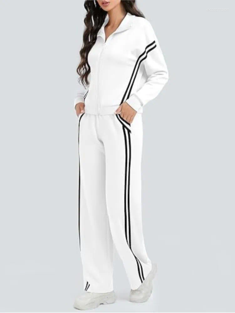 Women's Two Piece Pants Spring And Autumn Fashion Casual Suit Contrast Striped Sports Cardigan Long-sleeved Top Wide-leg Two-piece Set