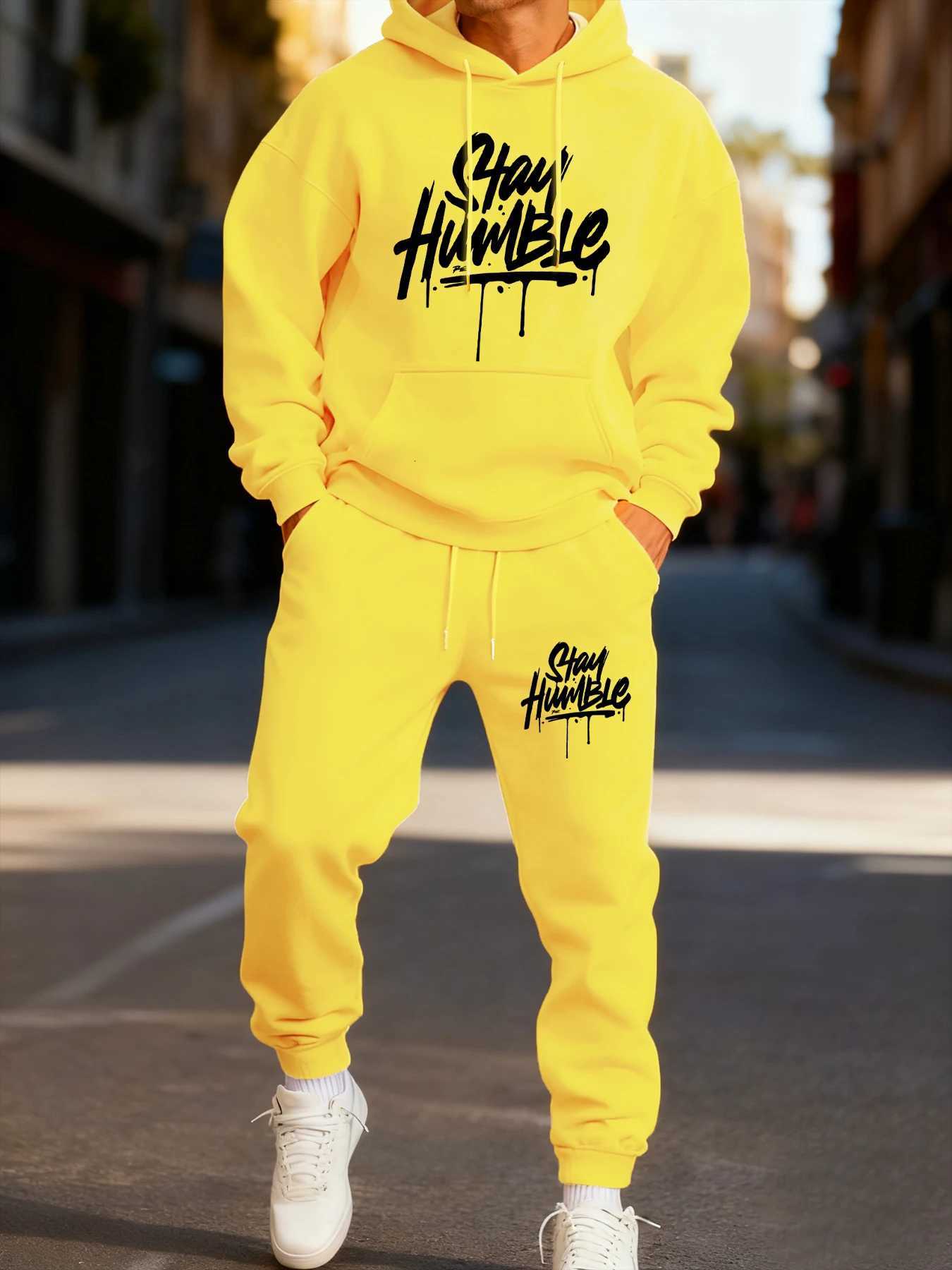 Restez Humble Impression accrocheuse ManS Sweat à capuche Ensemble de poche en polaire Deux pièces Ensembles Automne Vêtements décontractés Hiver