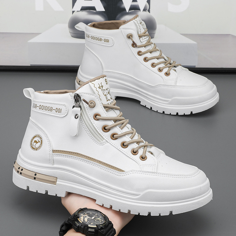 Free Shipping Winter High Top Men's Boots with Soft Sole Non-Slip White Leather Upper Trendy Casual Workwear Style Martin Boots