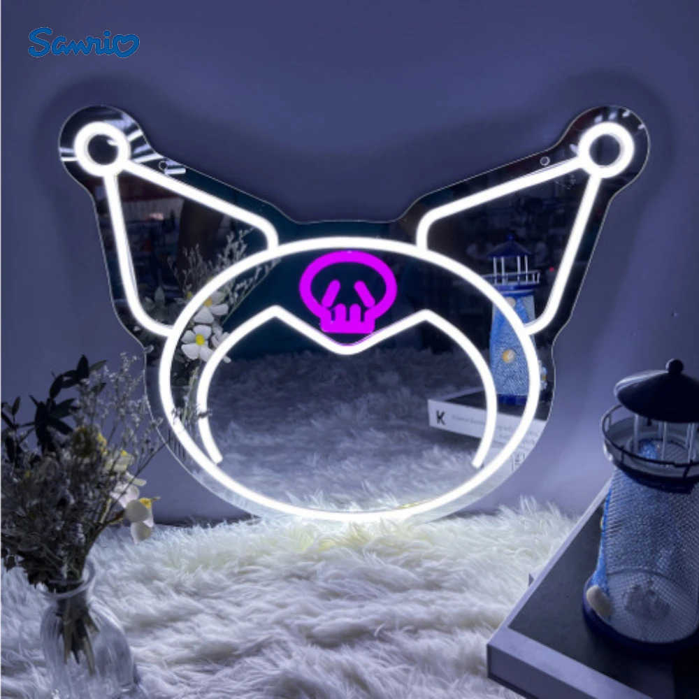 Sanrio Kawaii Kuromi Stuff Led Neon Light With Mirror Childrens Room Gift Cartoon Mirror Hoom Wall Decoration Accessories Decor H251205-image-1087348247